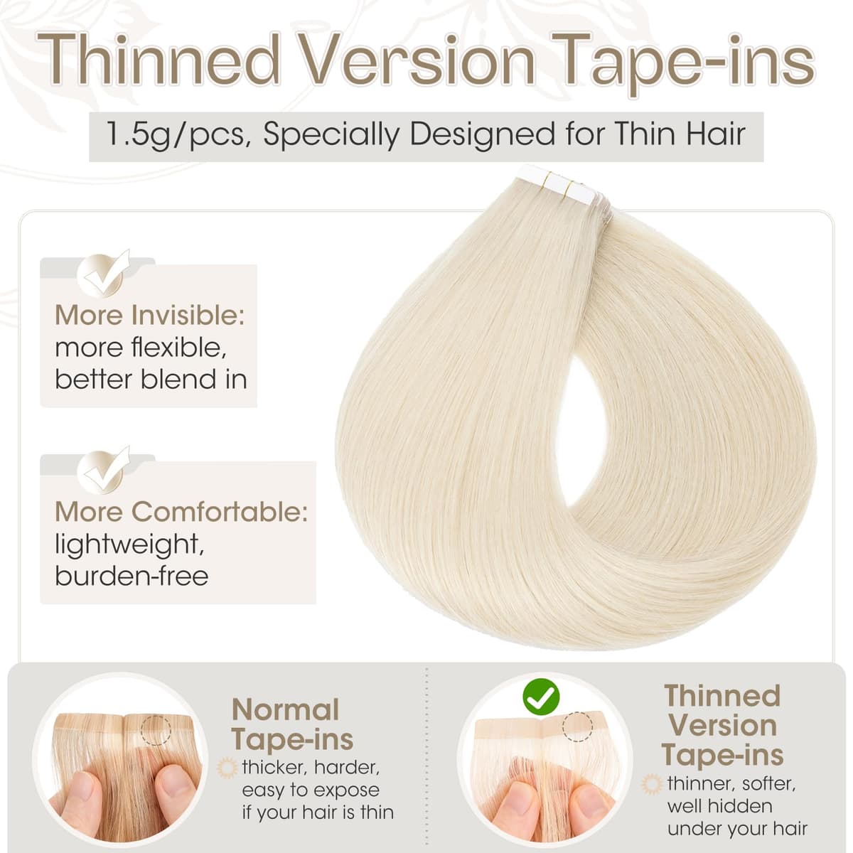 Elailite Tape in Hair Extensions Human Hair Real Human Hair 10 Pcs Invisible Thin Type - Seamless Skin Weft Remy Hair Extension (#70 Bleach White, 12 Inch-10g) — view 2