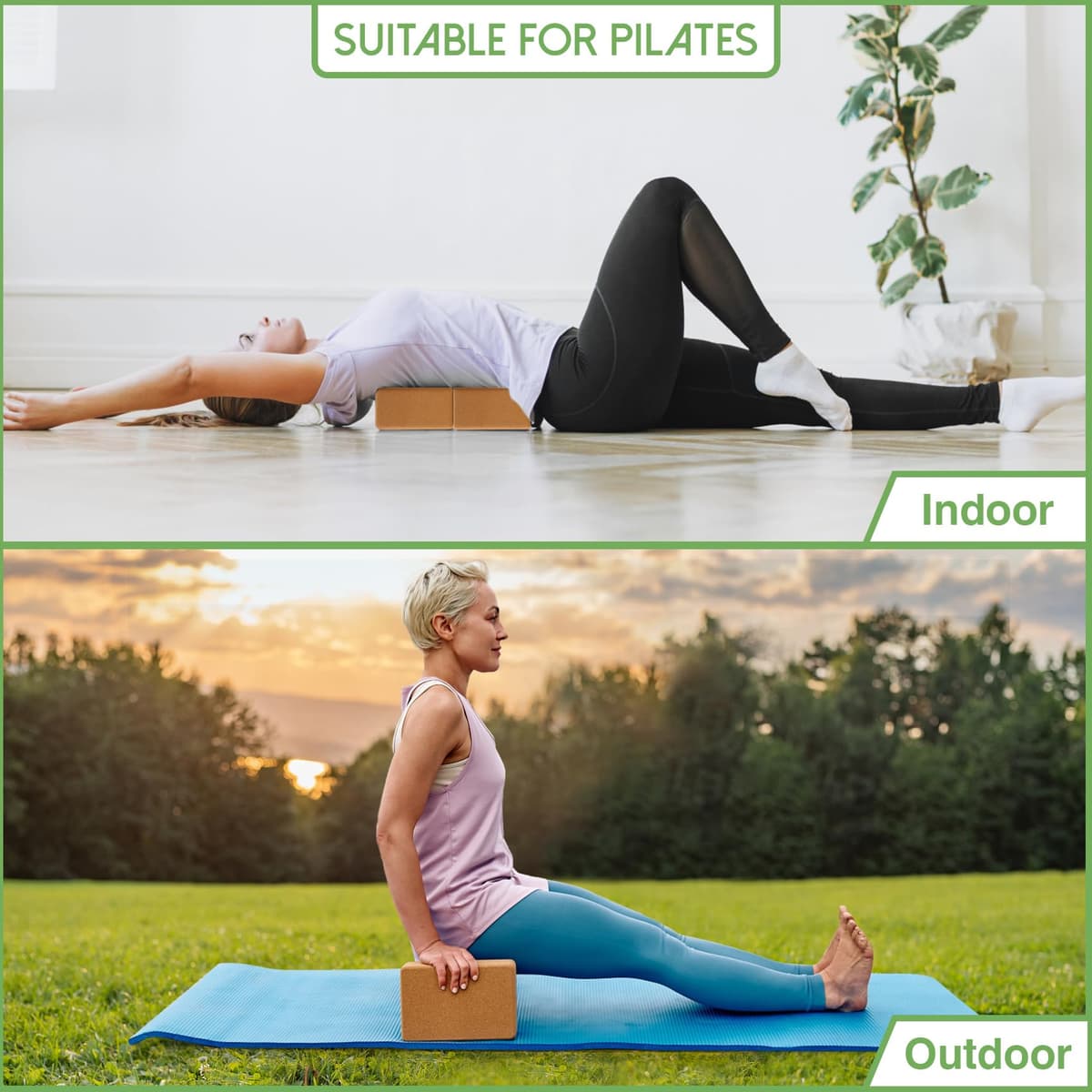 Juego de 2 bloques de yoga de corcho natural, bloque de yoga para fitness, pilates, estiramiento y meditación, ayuda para regeneración, espalda, estiramientos, bloqueos — view 5