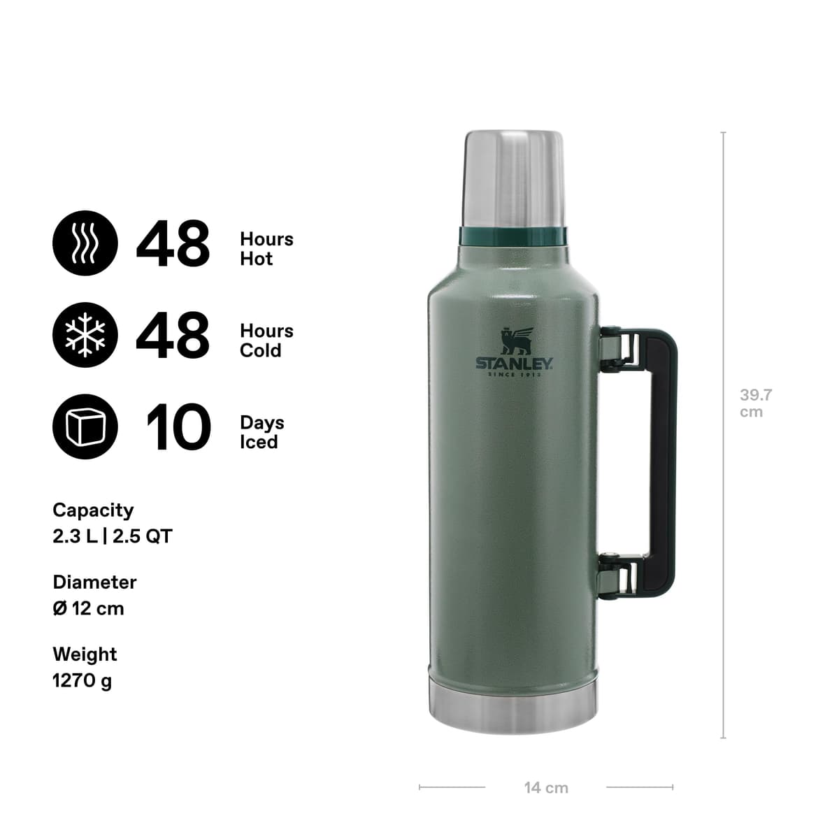 Stanley 1913 Classic Legendary Thermal Flask 2.3L - Keeps Hot Or Cold for 48 Hours - BPA-Free Insulated Bottle - Stainless Steel Coffee Flask - Leakproof - Dishwasher Safe - Green — view 2