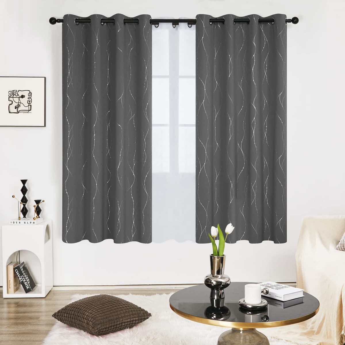 Deconovo Soft Dotted Line Foil Printed Blackout Curtains Thermal Insulated Curtains Eyelet Energy Efficiency Room Darkening Curtains for Bedroom 52 x 72 Inch Light Grey 2 Panels — view 2