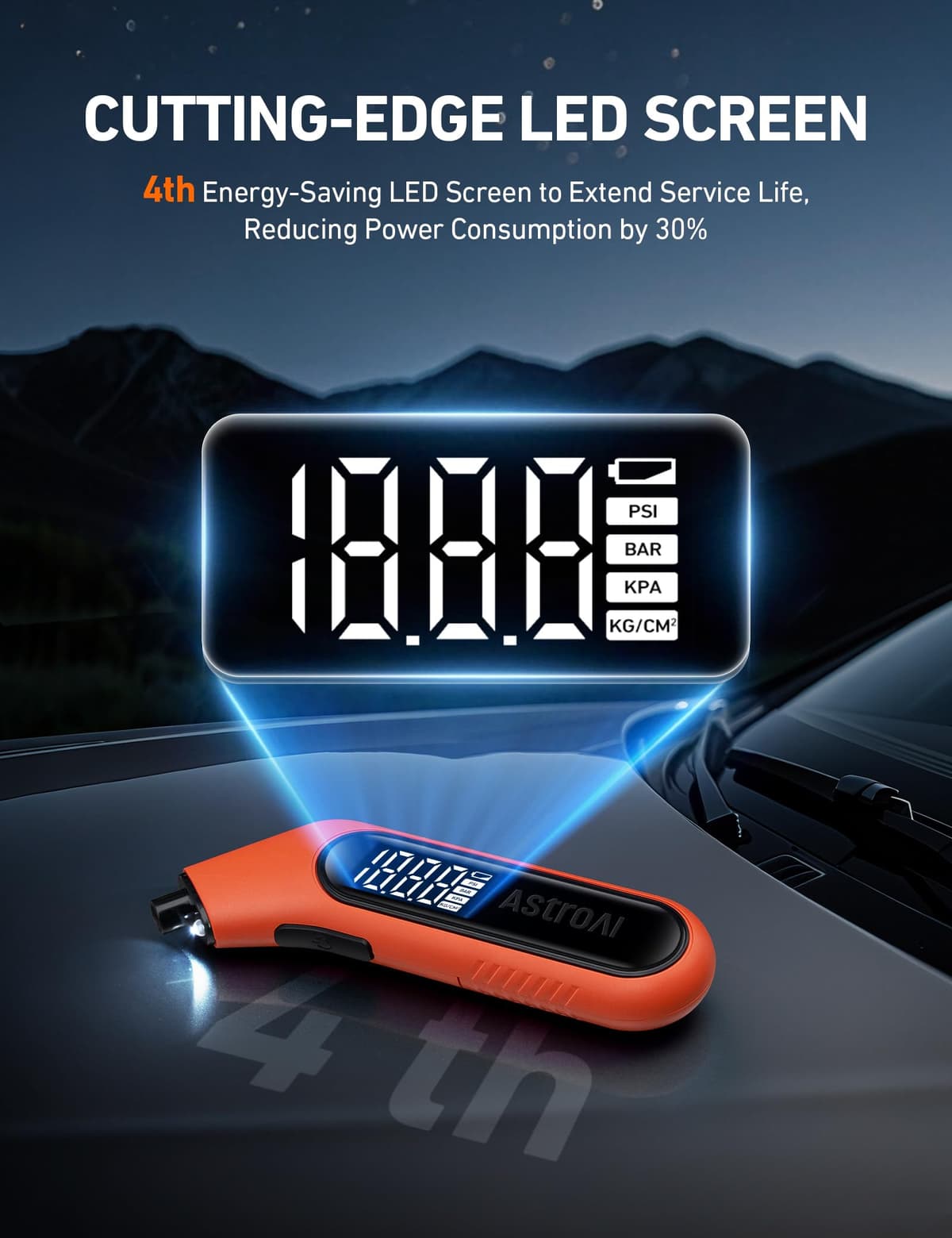 AstroAI Digital Tyre Pressure Gauge 300PSI 20Bar Large Screen with Backlight and Flashlight, 4 Settings Tyre Pressure Checker Suitable for Cars, Trucks, Bicycles, Motorcycles, AAA Batteries — view 4
