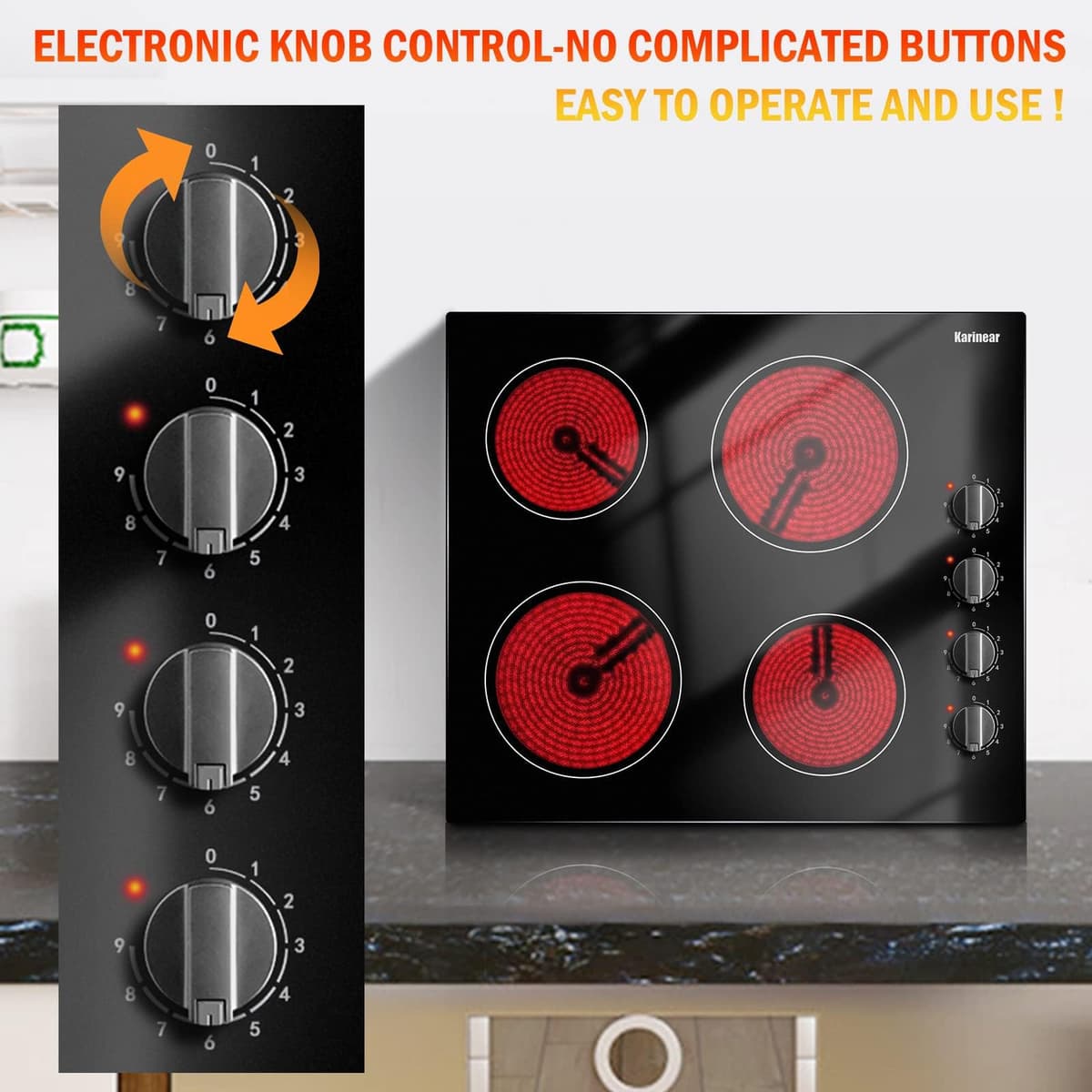 Karinear Ceramic Hob, 60cm Built-in 4 Zones Ceramic Hob with Konb Control 6000W, Hard Wired, No Plug Included — view 5