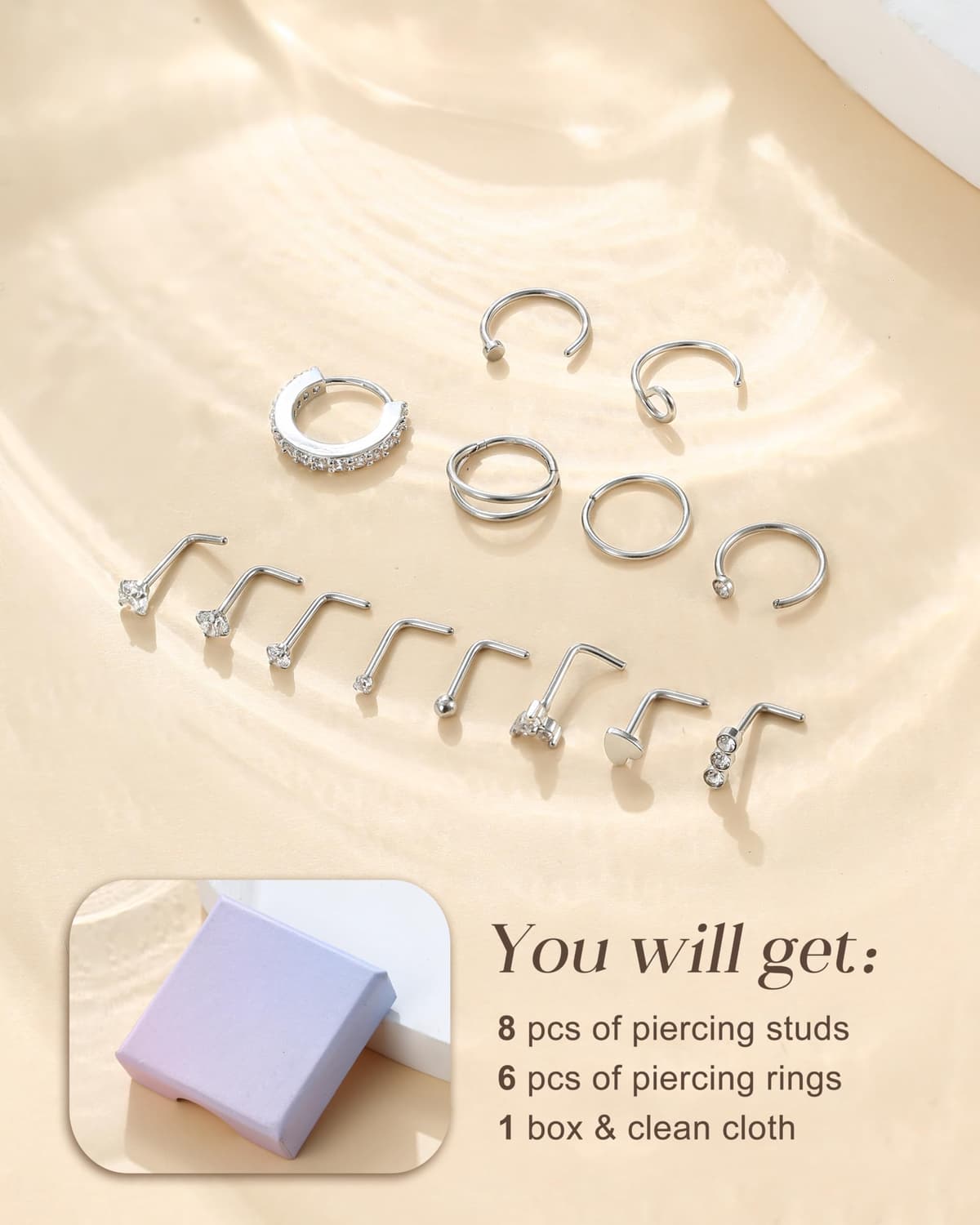 CASSIECA 14 Piezas 20G Piercing Nariz Acero Quirurgico Piercing Forma de L Nariz Studs Piercing Nariz Aro Hipoalergénico Anillos de Nariz Plata Oro Mujer Hombre Joyeria Piercing — view 5