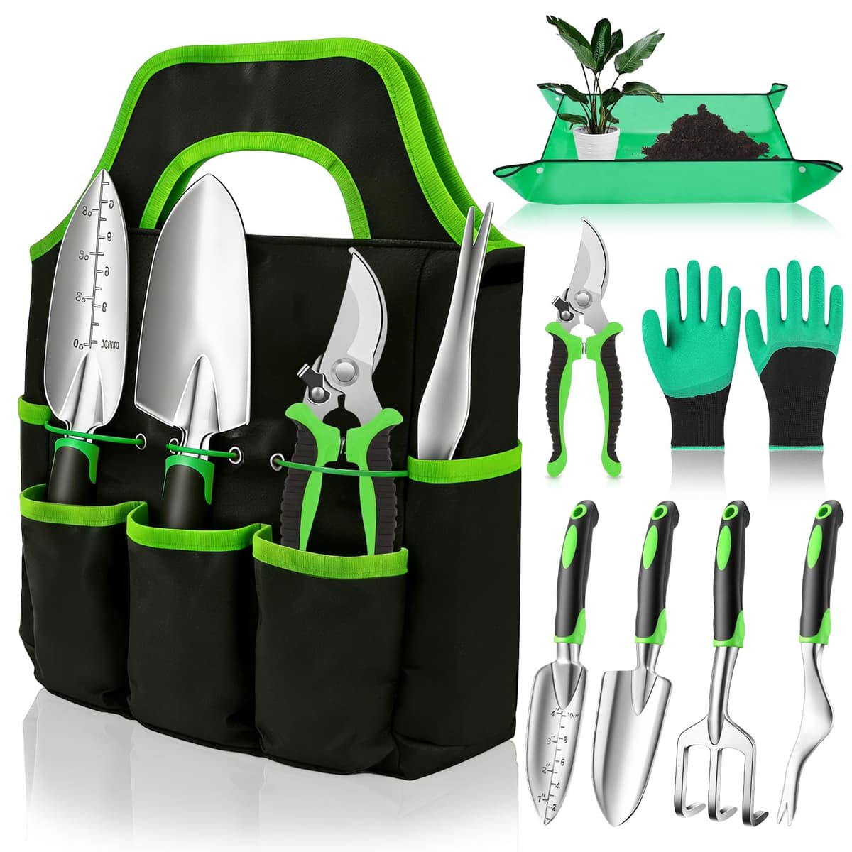 8 Piezas Kit Jardineria Aluminio y Acero Inoxidable,Juego de Herramientas de Jardineria Adultos con Guantes Alfombra para Trasplante y Bolsa Portátil Aficionados al Jardín