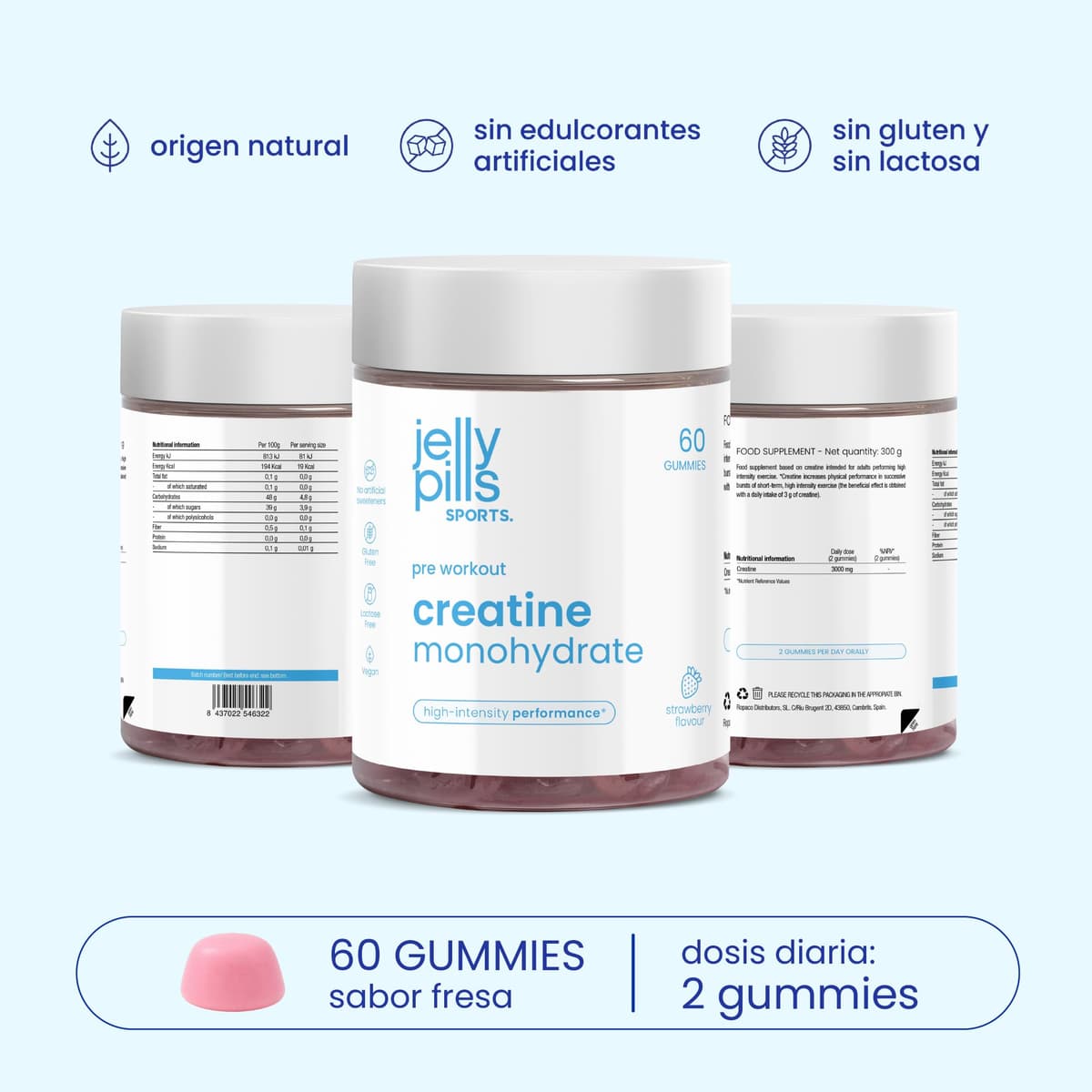 Jelly Pills Sports Creatina Monohidratada Gummies – 60 Gominolas – 1,5 g por Gummy – 3 g por Dosis – Pre-Workout Fuerza y Rendimiento – Sabor Fresa — view 2
