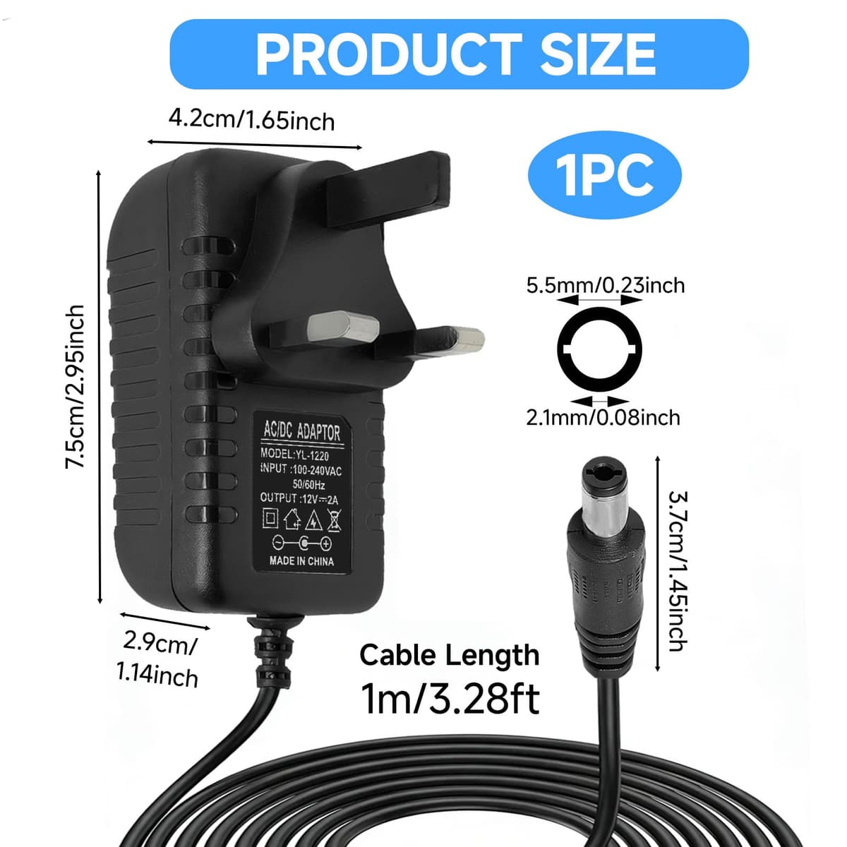 12V 2A Power Supply AC Adapter with 8 DC Plug Tips, Universal AC to DC Converter for LED Strip Lights, CCTV Camera, Router, TV Box and Other 12V Devices, 24W Max Output — view 2
