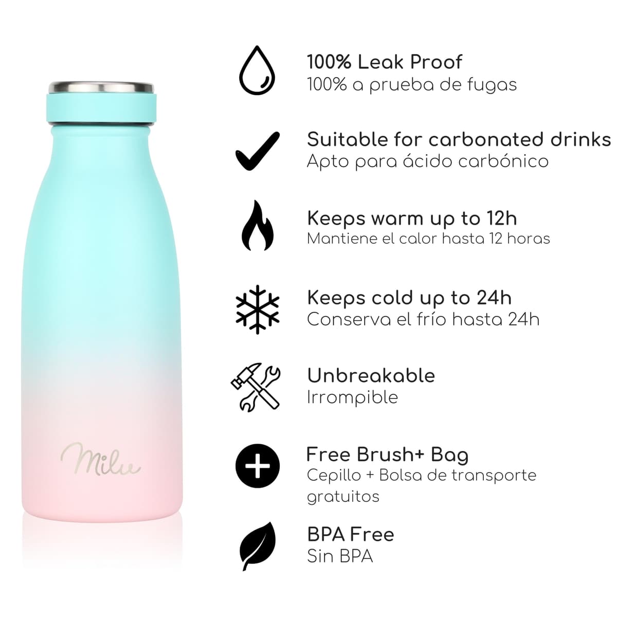 Milu Botella de acero inoxidable de 350ml 500ml 750 ml 1 L 1,5 L botella de agua aislada, termo a prueba de fugas, doble pared, apta para ácido carbónico + cepillo de limpieza (Azul Violeta, 350ml) — view 113