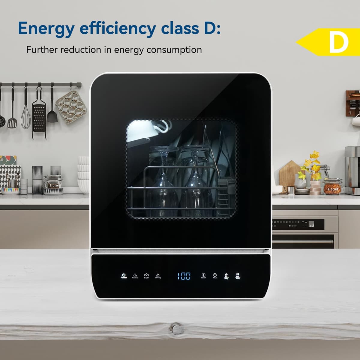 eklipt Portable Countertop Dishwasher, Mini Dishwasher, 4.8L Built-in Water Tank, 7 Programmes, 37 * 51cm Ultra-Narrow & Deep Design, Touch Control & 360° Dual Spray, Hose/No-Hose Setup, Black — view 2