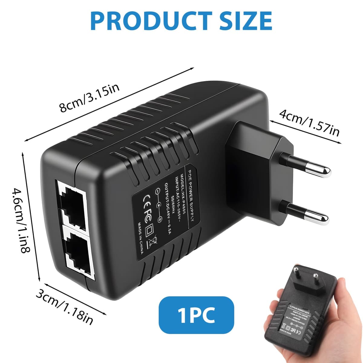 48V 0,5A Inyector PoE, 100 Mbps Adaptador Inyector PoE con Enchufe Europeo, Enchufe de Pared Adaptador Ethernet Plug and Play para Conmutador de Red, Cámara IP, WAP y Teléfonos VoIP — view 2