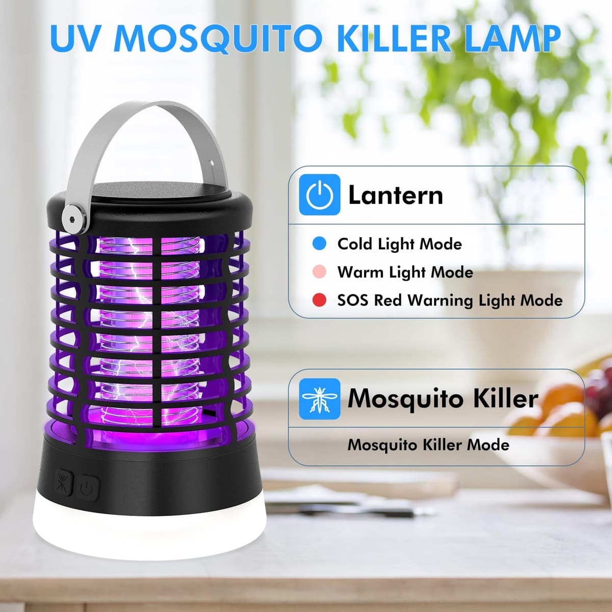 Lámpara Antimosquitos Exterior, Mata Mosquitos Eléctrico 2000V para Camping con Luz LED 3 en 1, Trampa para Mosquitos Recargable USB Tipo-C, IP66 Impermeable, Batería 2200mAh, Uso en Jardín, Terraza — view 2