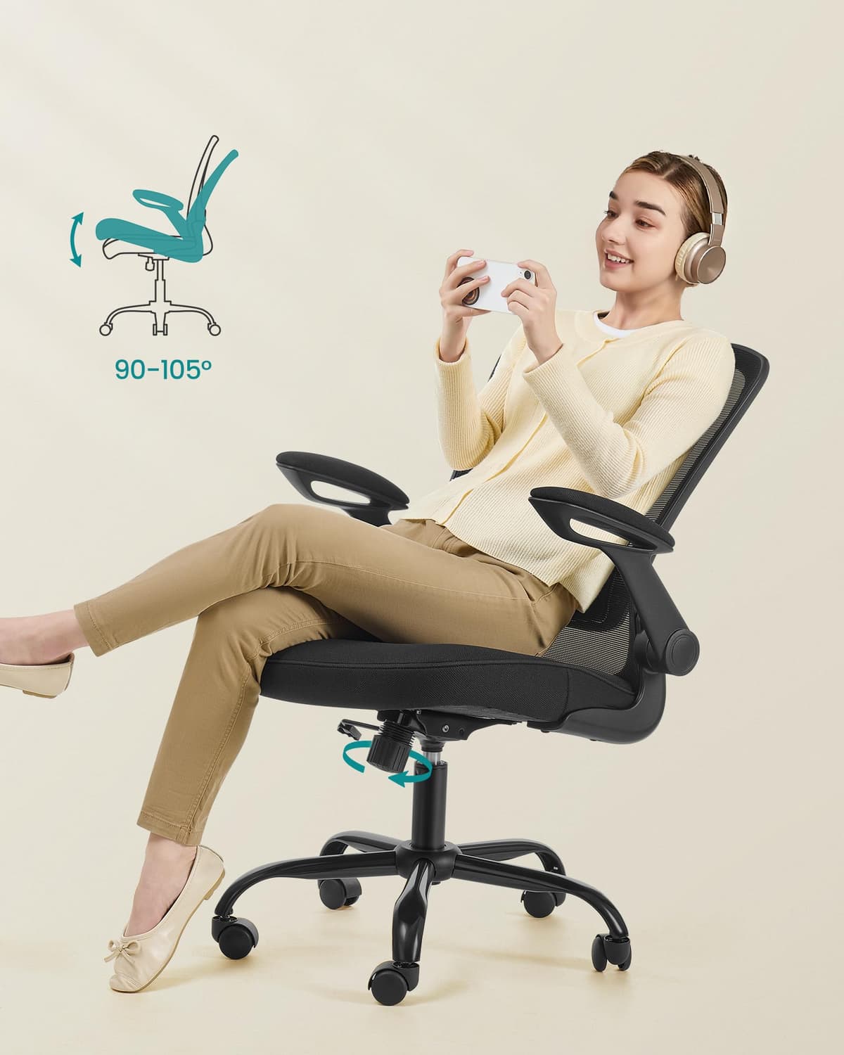 SONGMICS Silla de Oficina, Silla de Escritorio de Malla, Silla Giratoria Ergonómica, Soporte Lumbar, Oscilante, Asiento de 53 cm, Apoyabrazos Abatibles, Negro OBN037BKV2 — view 2