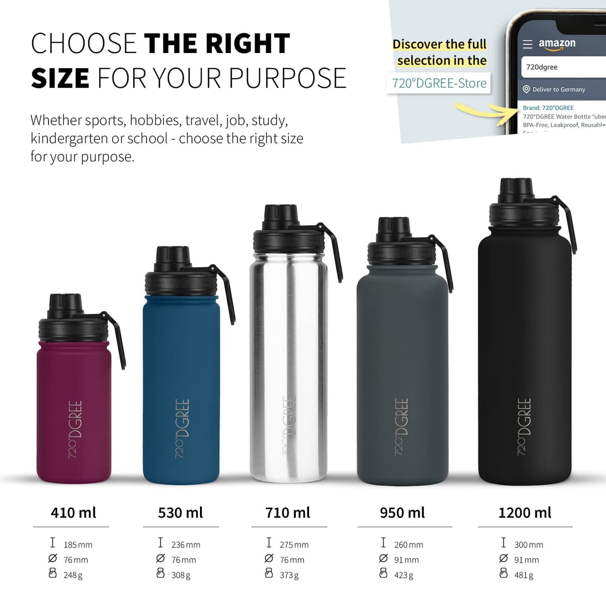 720°DGREE Vaccum Insulated Water Bottle “noLimit“ - 410ml, 530ml, 710ml, 950ml, 1200ml - Leakproof, BPA-Free, Thermo Stainless Steel Flask - Sports, Gym, School, Travel, Carbonated Drinks +Sports-Cap — view 3