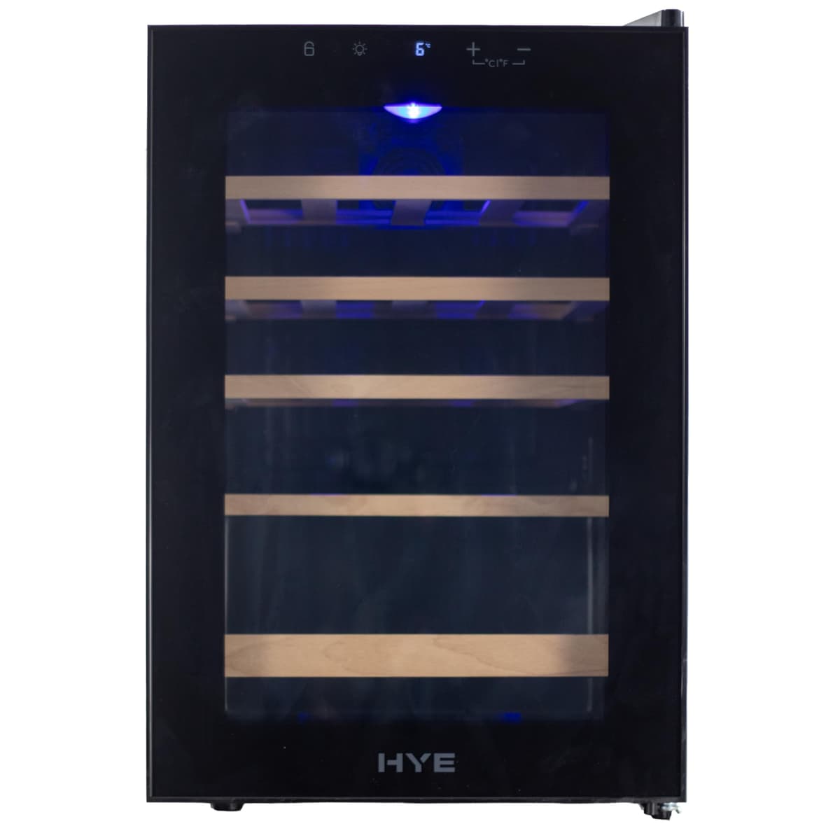 HYE Wine Cooler - Wine Fridge With 20 Bottle/62L Storage, 43CM Width, Wooden Shelves, LED Top Lighting, Temperature Range Adjustment, 40 dB Operation, Perfect For Enthusiasts - RF01WC20B31