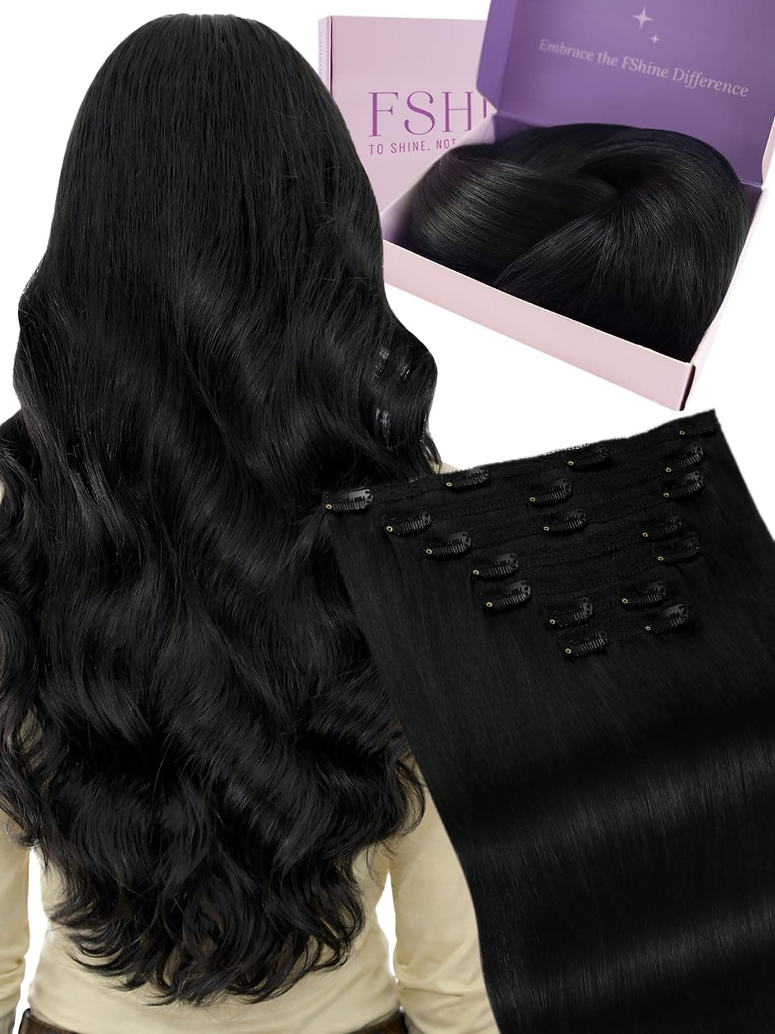 Fshine Extensiones de Clip de Pelo Natural Humano 7pcs 14 Pulgadas Extensiones Clip Pelo Natural Negro Natural Color 1B 120G