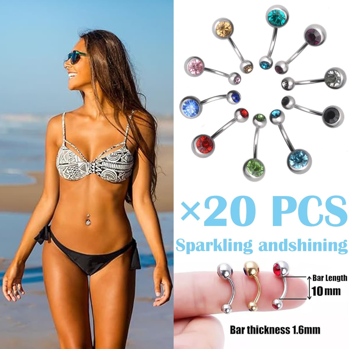 CocCCoon Stainless Steel Belly Rings - 20 PCS Navel Piercing Jewelry Hoops, Body Piercing Bars, Belly Button Rings — view 6
