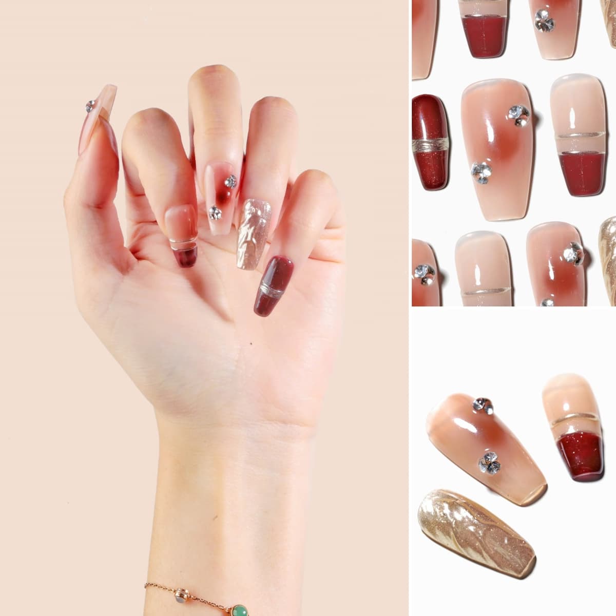 Sun&Beam Nails Handmade Press On Nail Long Coffin Ballerina Pink Flower Acrylic Fake Tip 3D Design Art Charms Cute with Storage Box 10 Pcs (S) — view 57