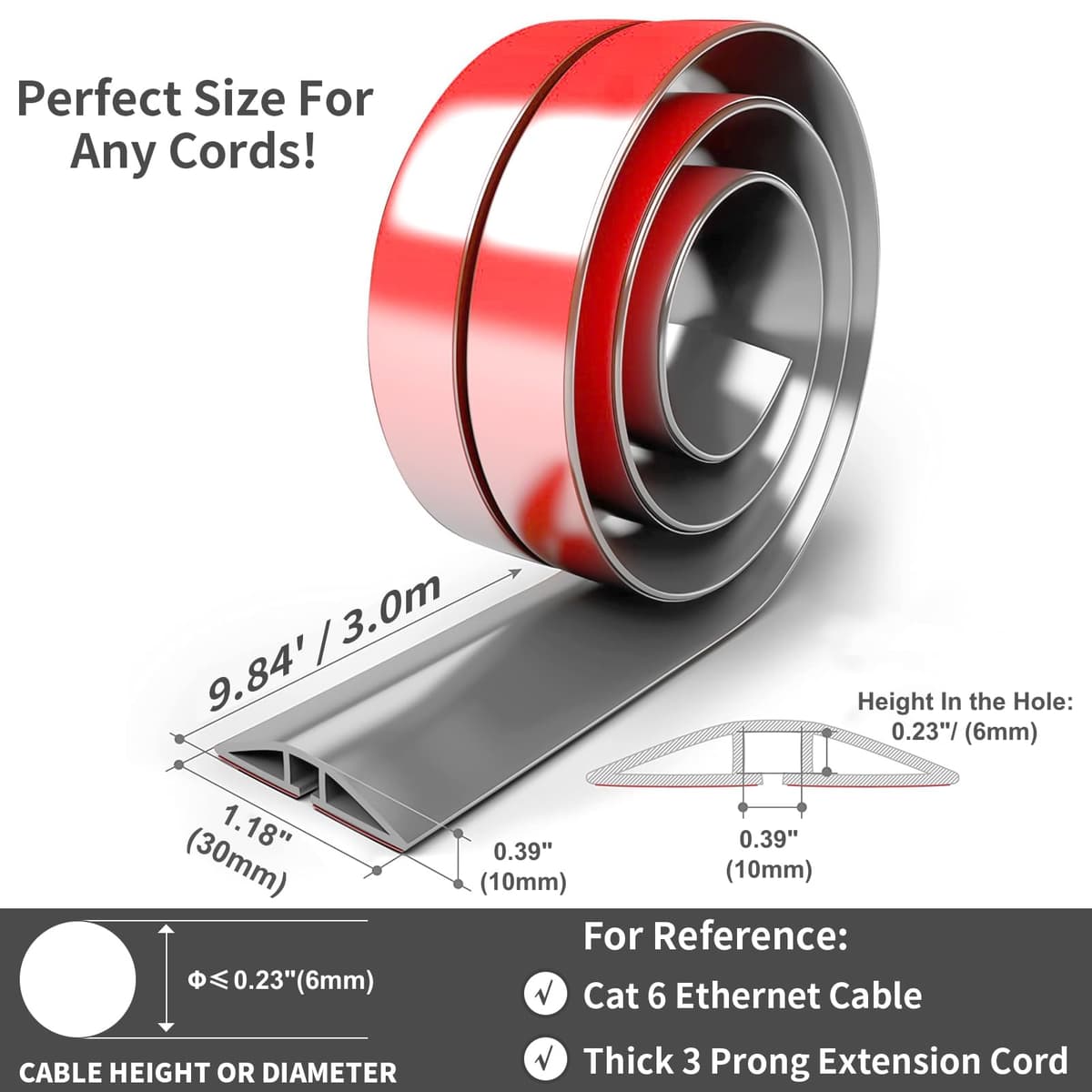 Pasacables Suelo, Canaleta Cables Suelo, 3.0M x 3cm Protector de Cables para Suelo, Cubiertas de Suelo para Cables Autoadhesiva Montaje para Todos los Hogar, Oficina, Escuela, Almacén(Gris-Redondeado) — view 2