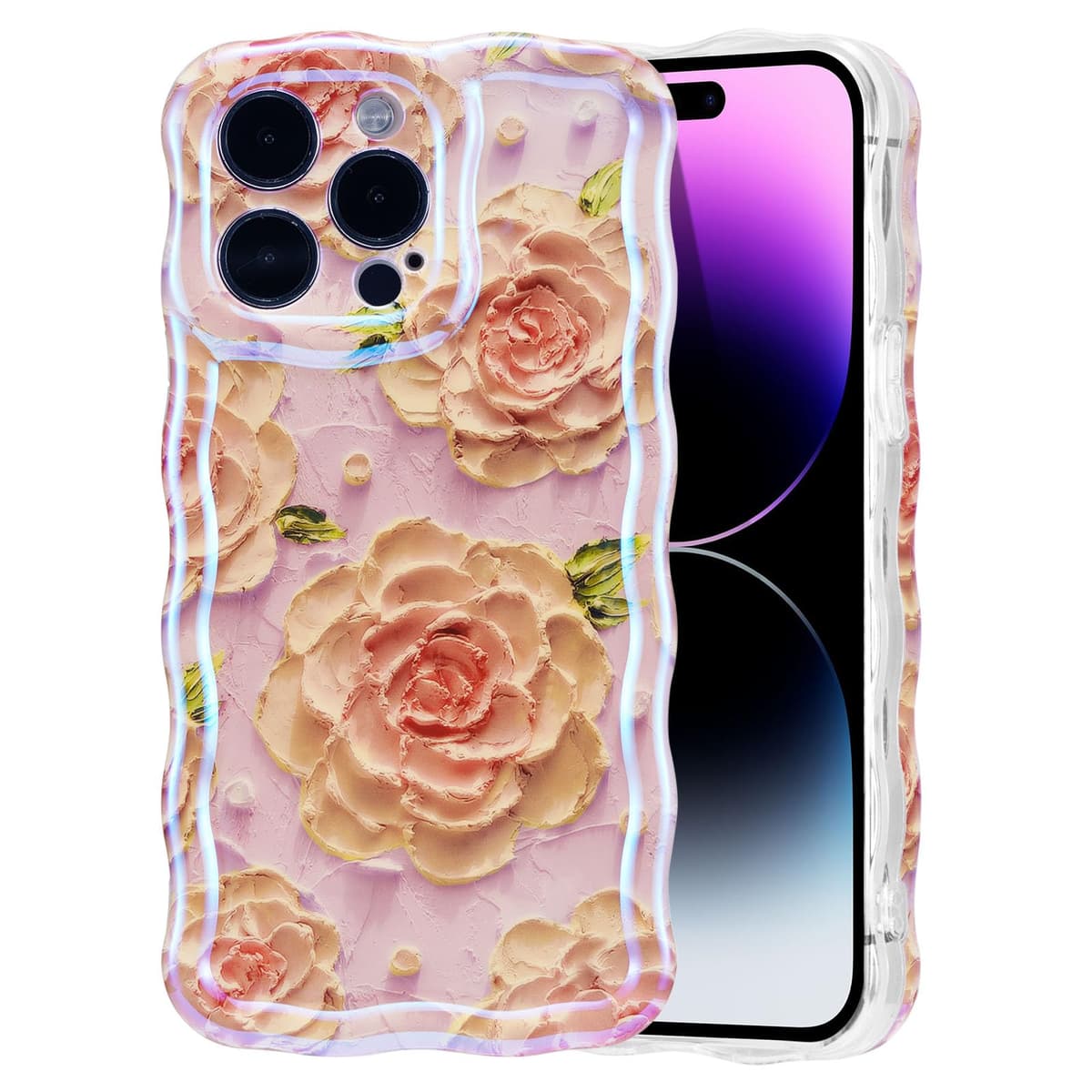 EYZUTAK Case for iPhone 16, Colorful Retro Oil Painting Printed Flower Laser Glossy Pattern Cute Curly Wave Edge Exquisite Phone Cover Stylish Durable TPU Protective Case for Girl Women-Green — view 22