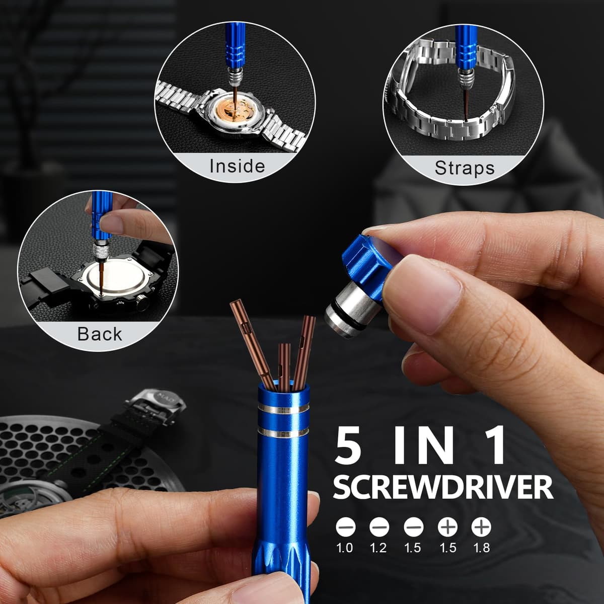 JOREST Kit Reparacion Reloj con Prensa Tapa Reloj, Herramientas Abrir Caja Relojero, Cambiar Pilas Relojes, Abridor Llaves Reloj, Destornillador, Ajustar/Acortar Correas Relojes, Quitar Eslabones — view 8