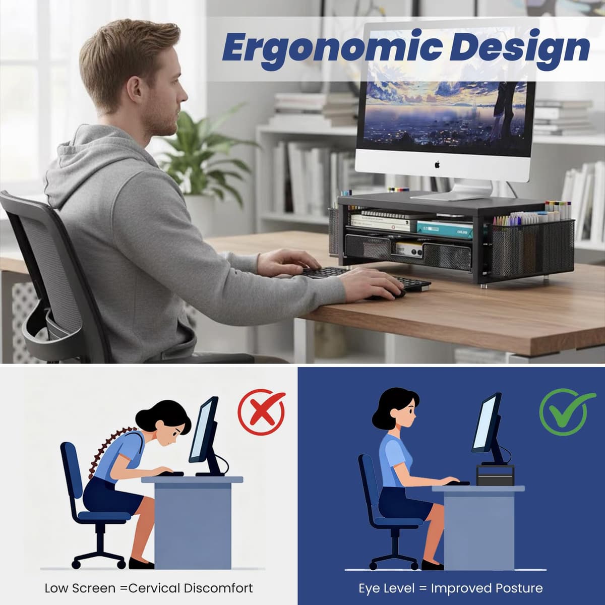 Metal Monitor Stand Riser with Drawer & 2 Pen Holders for Desk, Office Desk Accessories Organiser & Computer Screen Stand for Printer (Black) — view 5