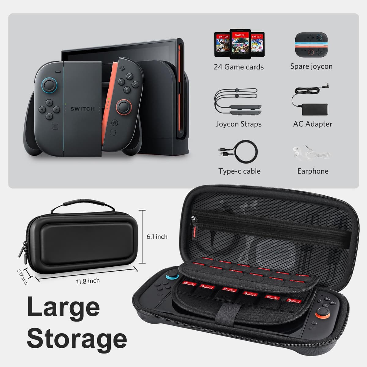 CoBak Funda Nintendo Switch 2 (2025) - Set 3en1: 2 Protectores Vidrio + 2 Gomas Palancas + Funda Rígida Portátil, Negro — view 3