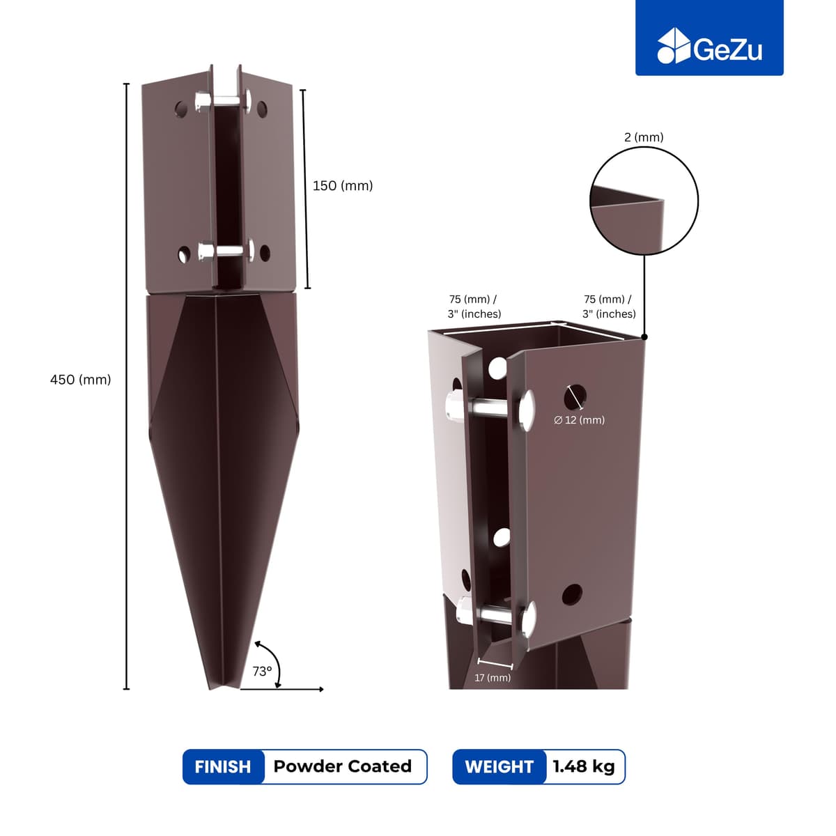 GeZu Impex Swift Clamp Repair Spur 75 x 75 mm Powder Coated Set of 4 Fence Post Repair Spur Post Support Drive in Metal Repair Spike — view 2