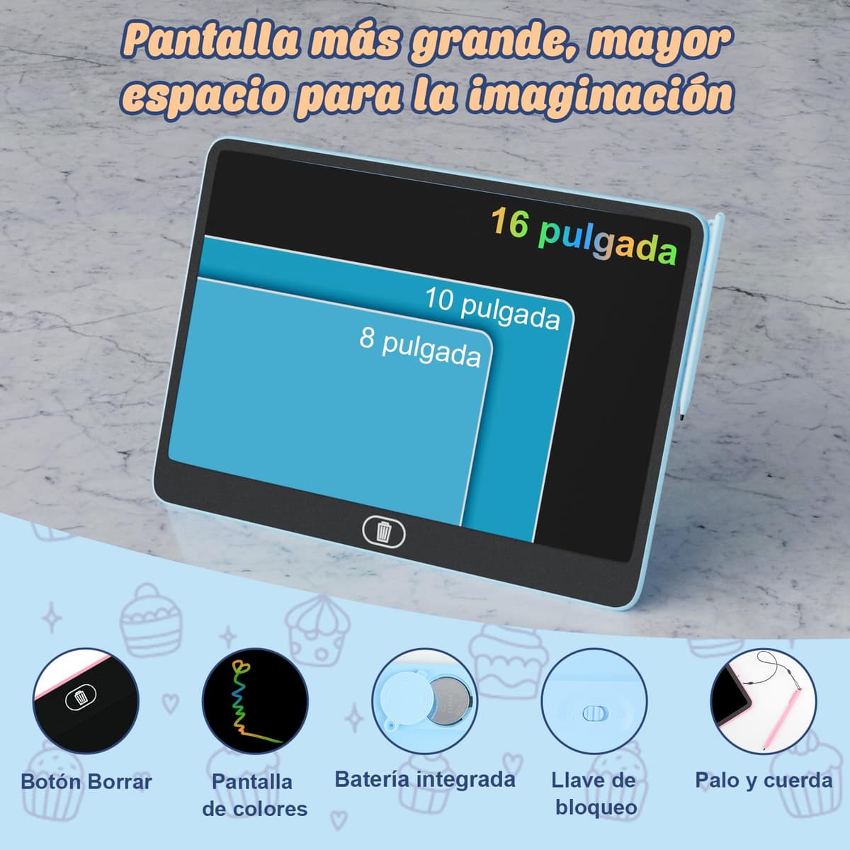 16 Pulgadas Tableta de Escritura LCD, Electight Infantil Tableta de Graffiti de Colores para Niños 3~12 Años, con Borrable y Bloqueo Función, Reutilizable, Juguete Educativo Halloween Navidad, Azul — view 3