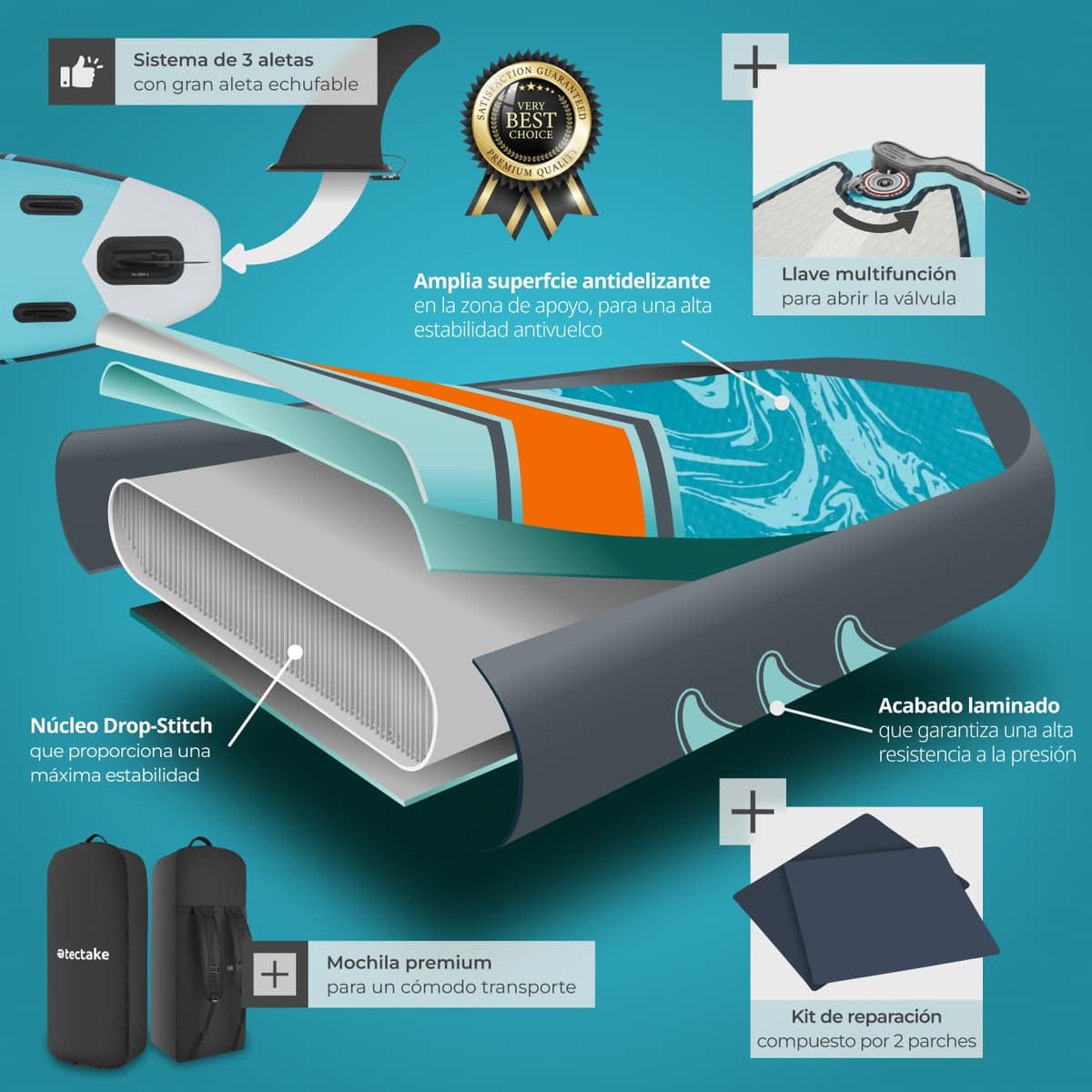 tectake® Tabla de Paddle Surf Hinchable, Incluye Remo 2 en 1, Asiento de Kayak, Bomba de Aire, Mochila de Transporte, Stand Up Paddle, Accesorios Paddle Surf, Tabla Hinchable — view 4
