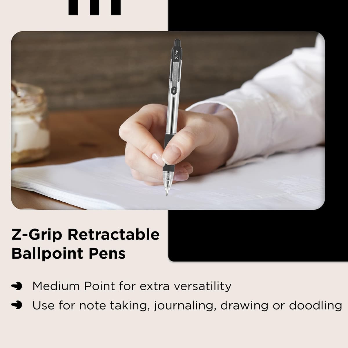 Zebra Pen Z Grip Black Ballpoint Pens with Pocket Clip 8pk, Retractable Black Ink Ballpoint Pens, Reliable Black Biro Pens Multipack for Everyday Use Design, New Pack Size 8pk — view 5
