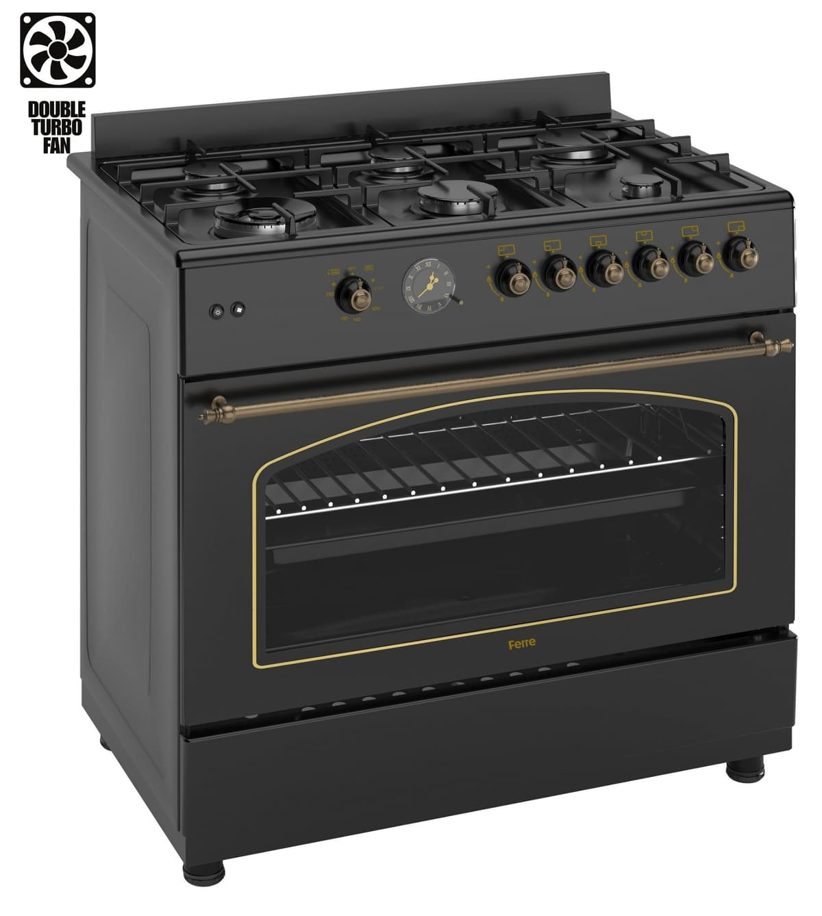 Ferre F9S60GF-BL-RETRO 90cm Gas Range Cooker With Double Turbo Fan & 6 Burner(1 Wok) Gas Hob - Black — view 3