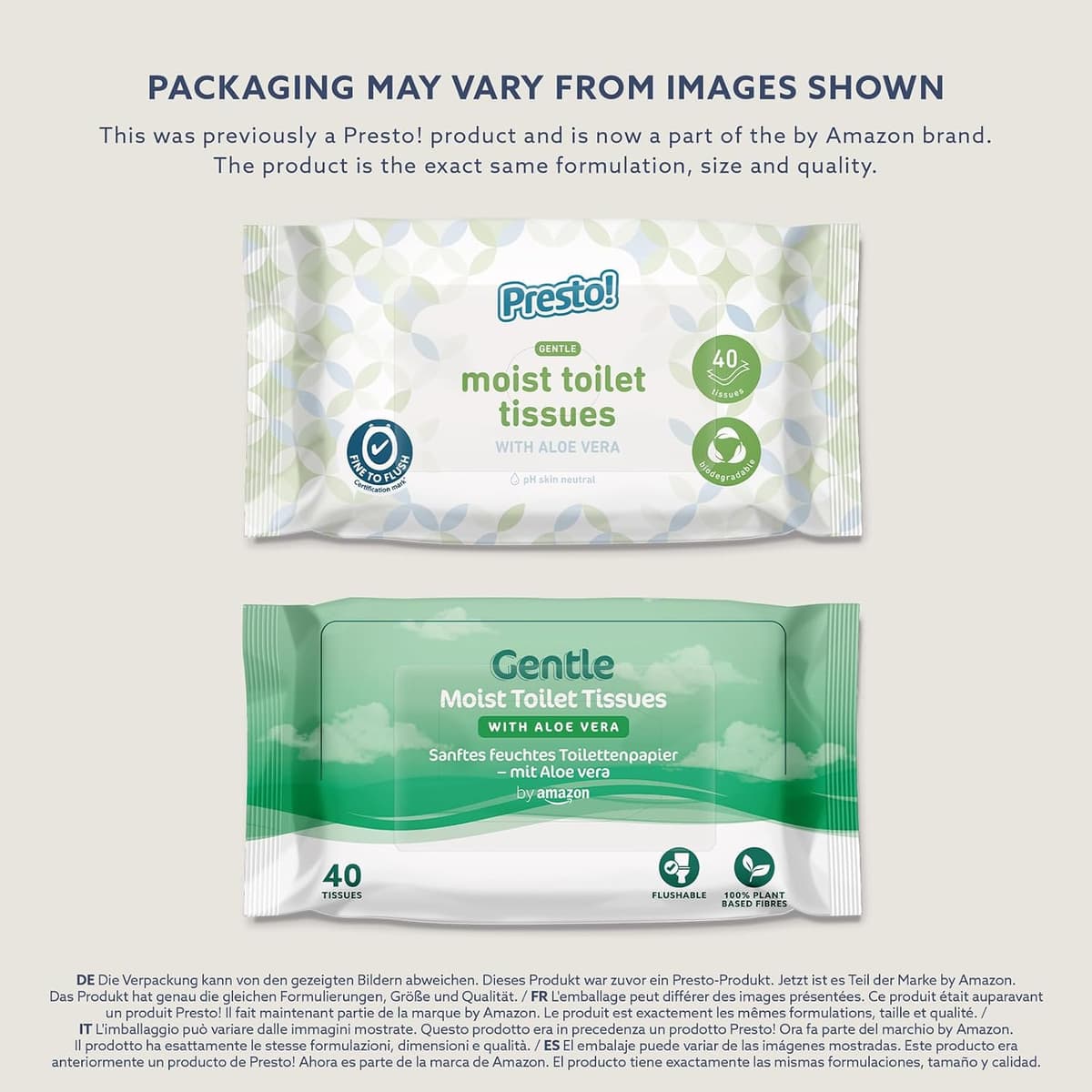 by Amazon Gentle Moist Toilet Tissues with Aloe Vera, Flushable, 240 Count (6 Packs of 40 sheets)