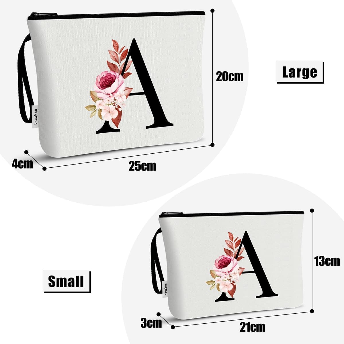 Vavabox 2 Pcs Initial Toiletry Bags Set,Birthday Gifts for Women,Travel Portable Makeup Bag with Handle (C, White) — view 3