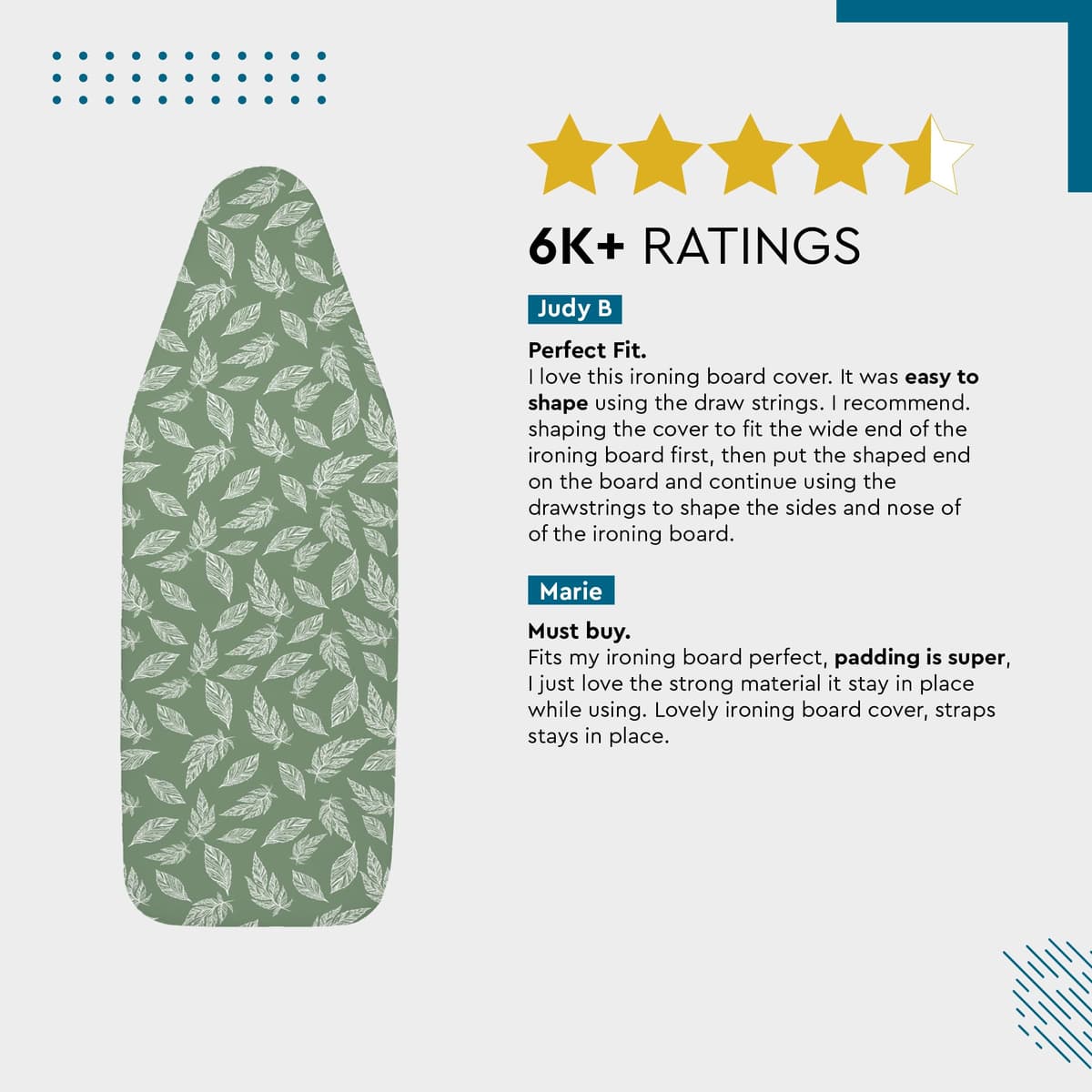 Encasa XO Ironing Board Covers and pad 125x46 cm- Thick 3mm Felt Padding, Drawstring Tightening & Lock, Heat Reflective, Scorch & Stain Resistant, for Wide Ironing Board - Big Leaves Green — view 5