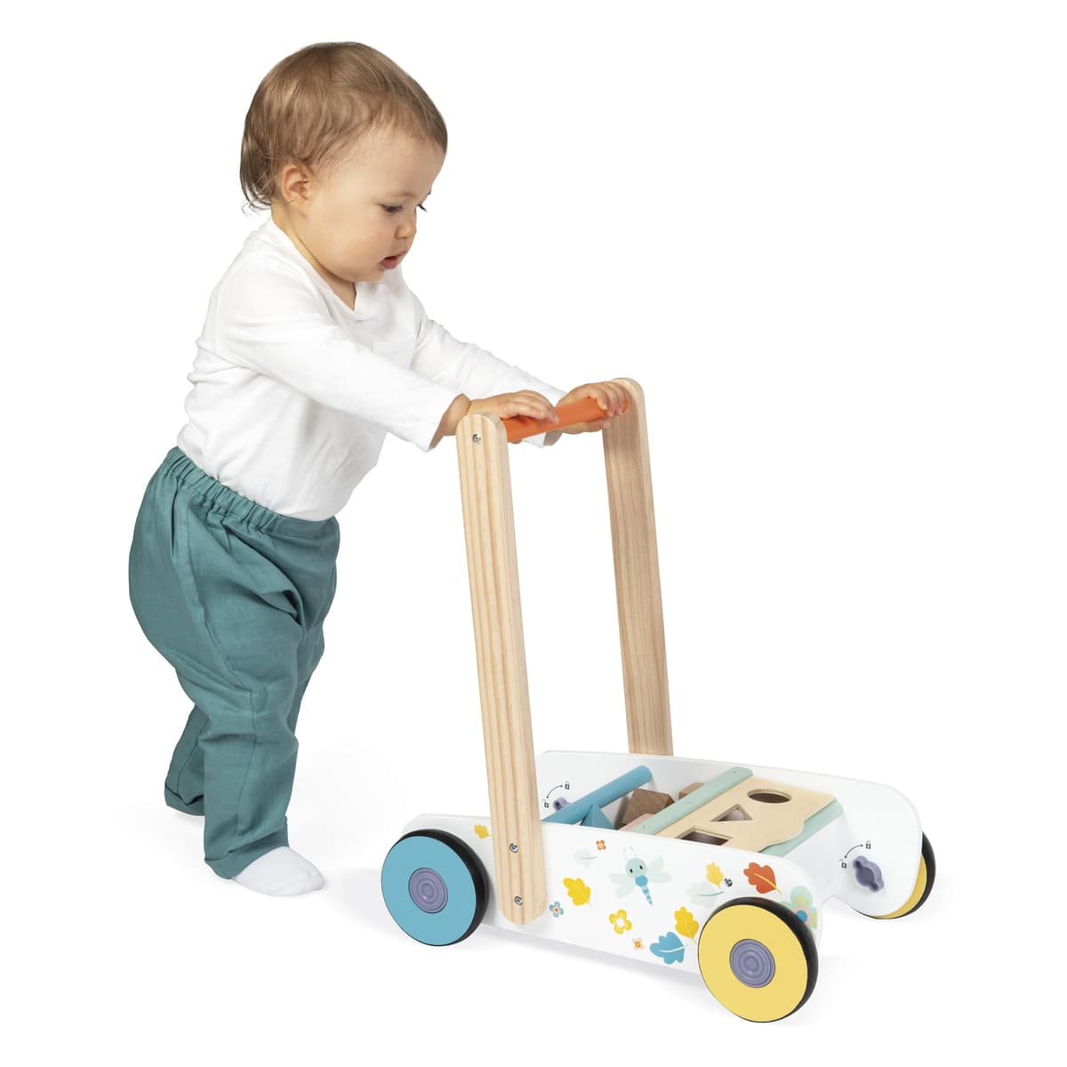Janod - Carrito para bebés y niños de Madera A Partir de 12 Meses - 18 Piezas de Madera Incluidas + Caja con Forma - Ruedas silenciosas + Sistema de Freno - A Partir de 1 año — view 3