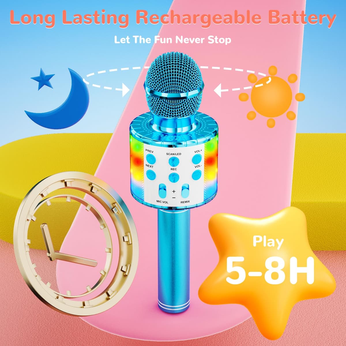 Ankuka Micrófono Karaoke Bluetooth Micrófono Inalámbrico Karaoke Micrófono Niña con Luces LED Regalo Juguetes para Niños Micrófono Cambiador de Voz, Compatible con Android, iOS, PC Azul — view 5