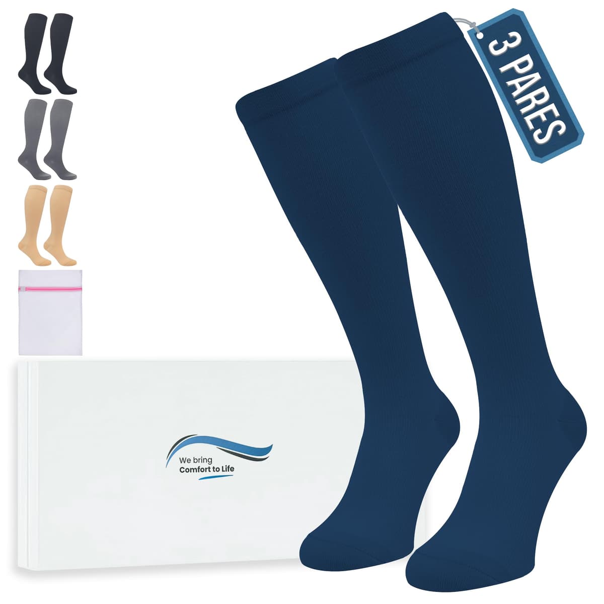 360 Relief Medias de Compresión Mujer y Hombre - 1 Par Calcetines de Compresión para Deportes, Correr, Volar, Viaje, Trabajo, Footing - S/M Beis con Bolsa de Malla — view 64