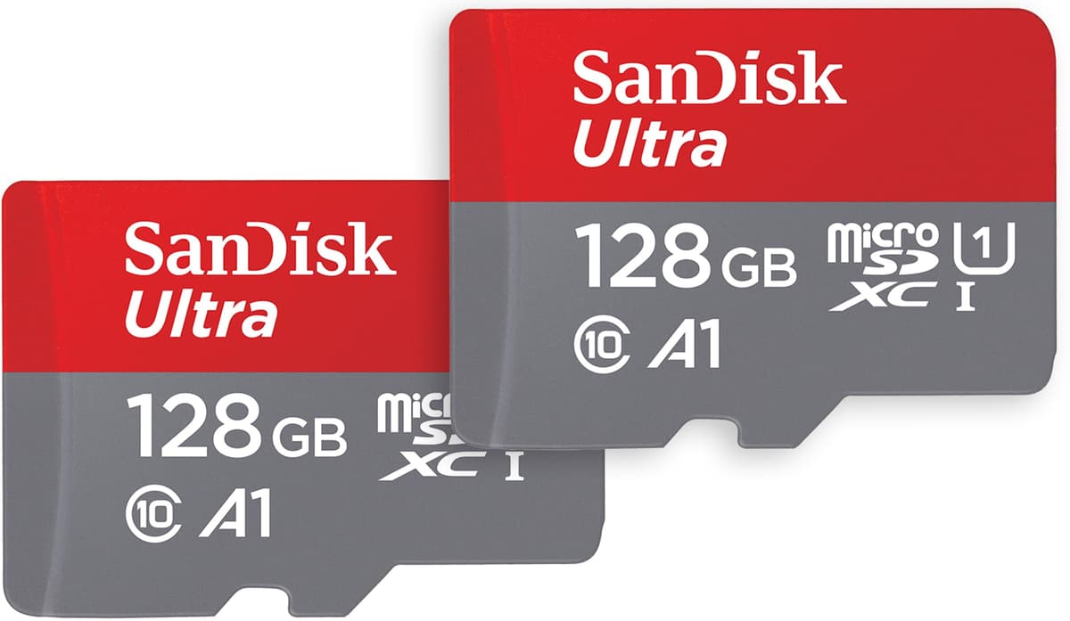 SanDisk 128GB Ultra microSDXC card + SD adapter up to 140 MB/s with A1 App Performance UHS-I Class 10 U1 - Twin Pack