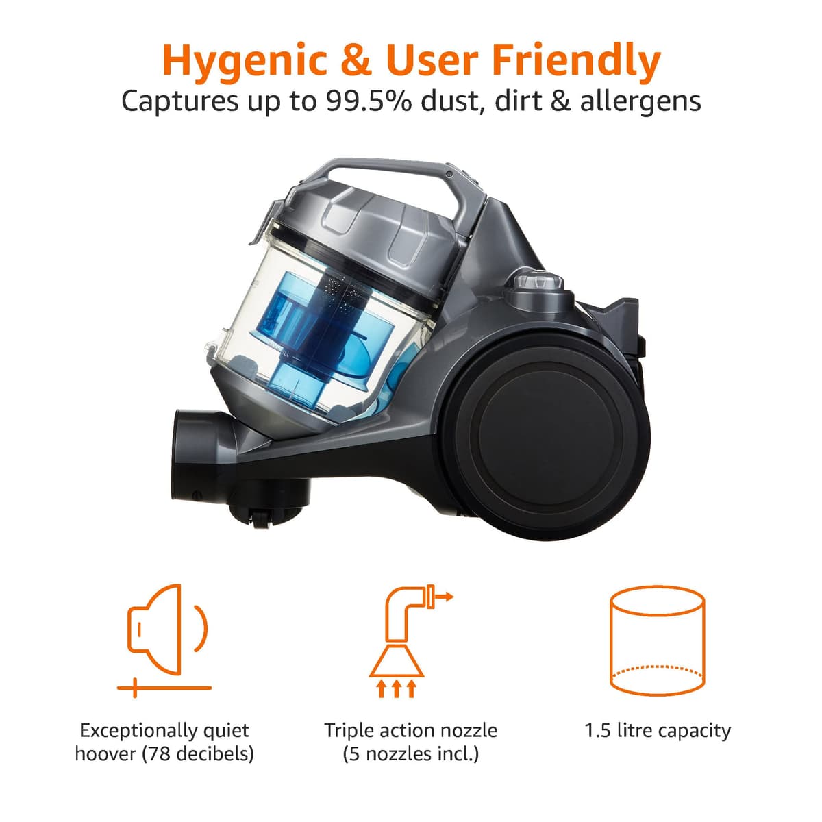 Amazon Basics Cylinder Bagless Vacuum Cleaner with HEPA filter for Hardfloor, Carpet & Car, Compact & Lightweight, 700W, 1.5L, Black — view 3