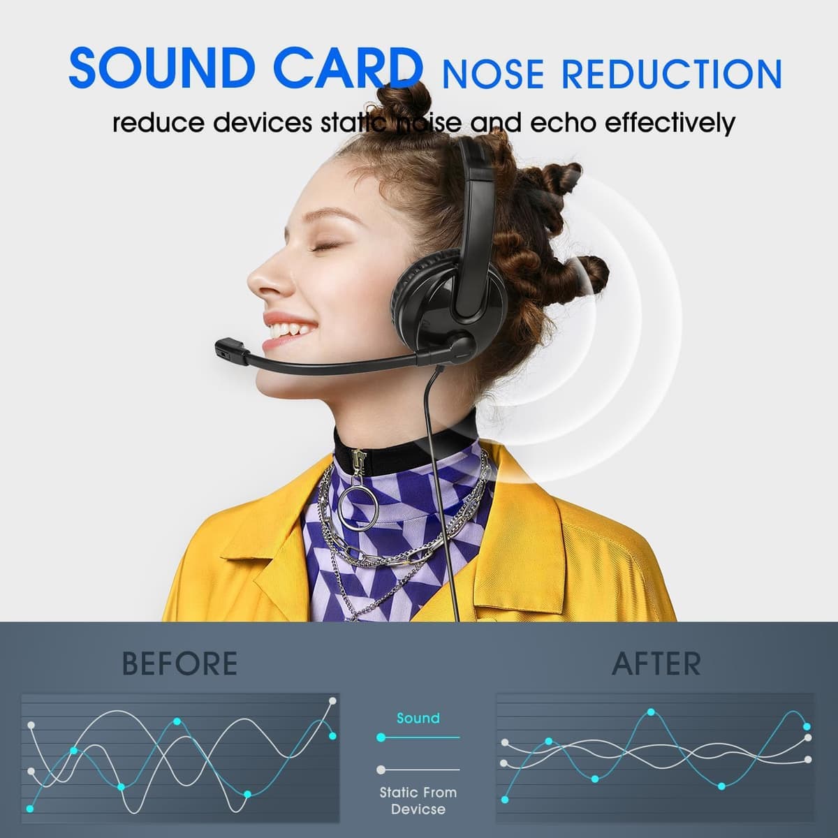 USB Headset with Microphone for PC Laptop, Adjustable Noise Cancelling Business Office Headsets, 2.5M Length Headphones with In-Line Control — view 3