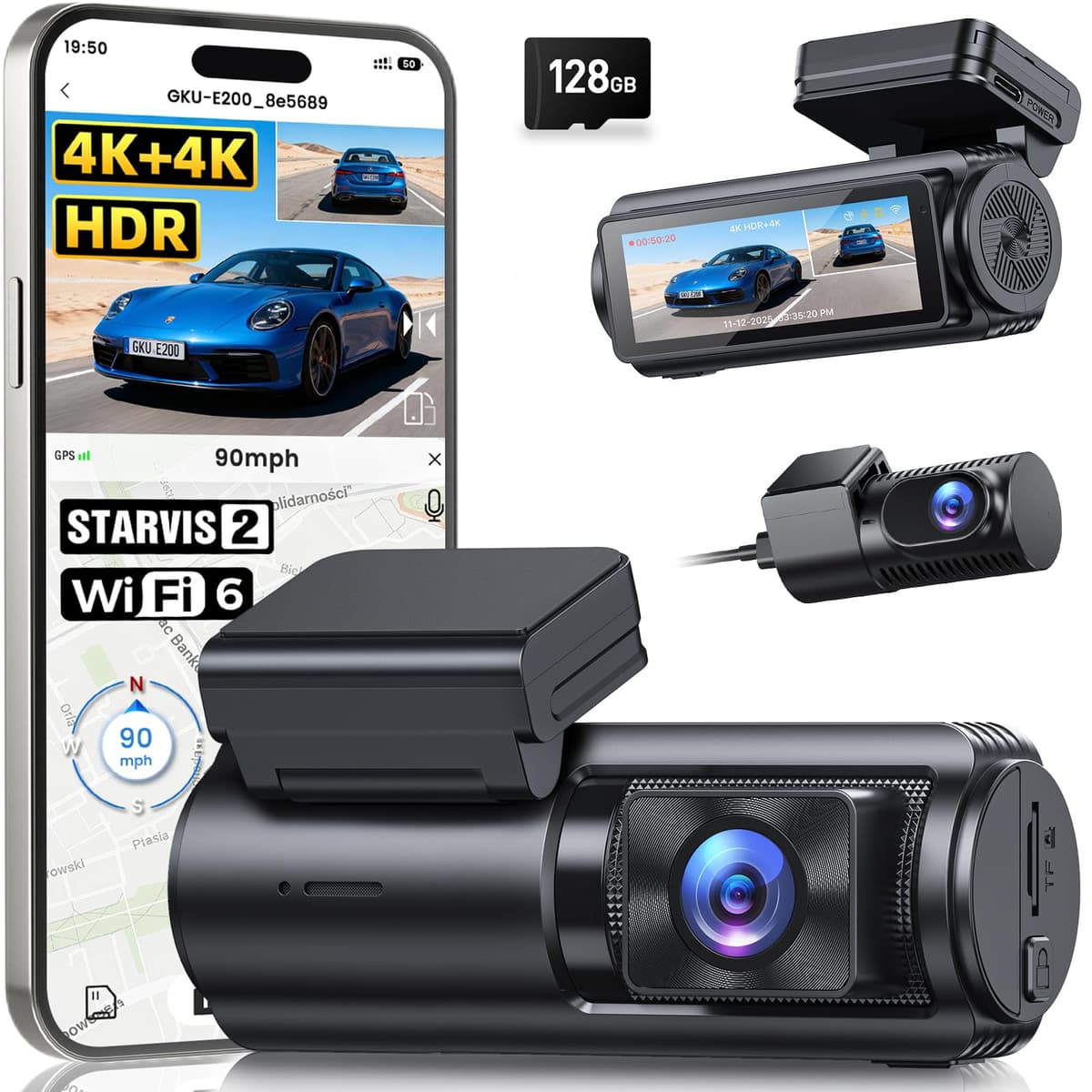 GKU 4K+4K Dash Cam Front and Rear, STARVIS 2 Sensor, 5.8GHz WiFi 6 Up to 20MB/s Download, HDR Night Vision, Dash Camera for Cars with GPS, Voice Control, 24/7 Parking Mode, 128GB Card Included