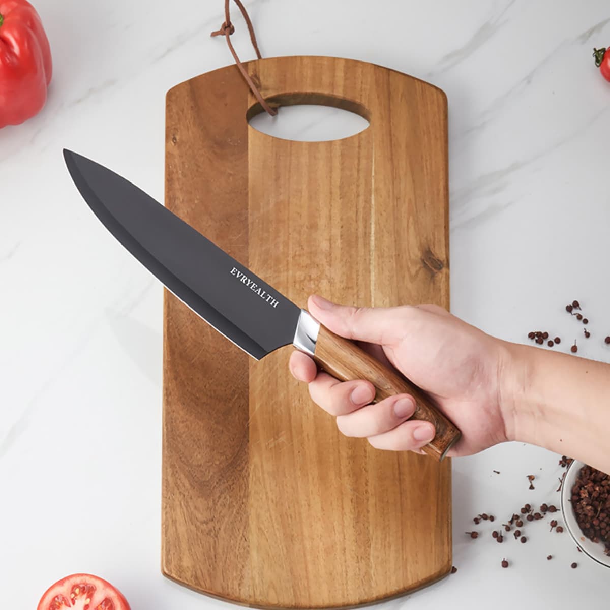 Kitchen Knife Set - 5 Piece Knife Set with Block, Wood Grain Handle, Stainless Steel Knivese with Chef, Bread, Slicer, Paring Knife for Cutting Meat/Vegetables/Fruit. — view 5
