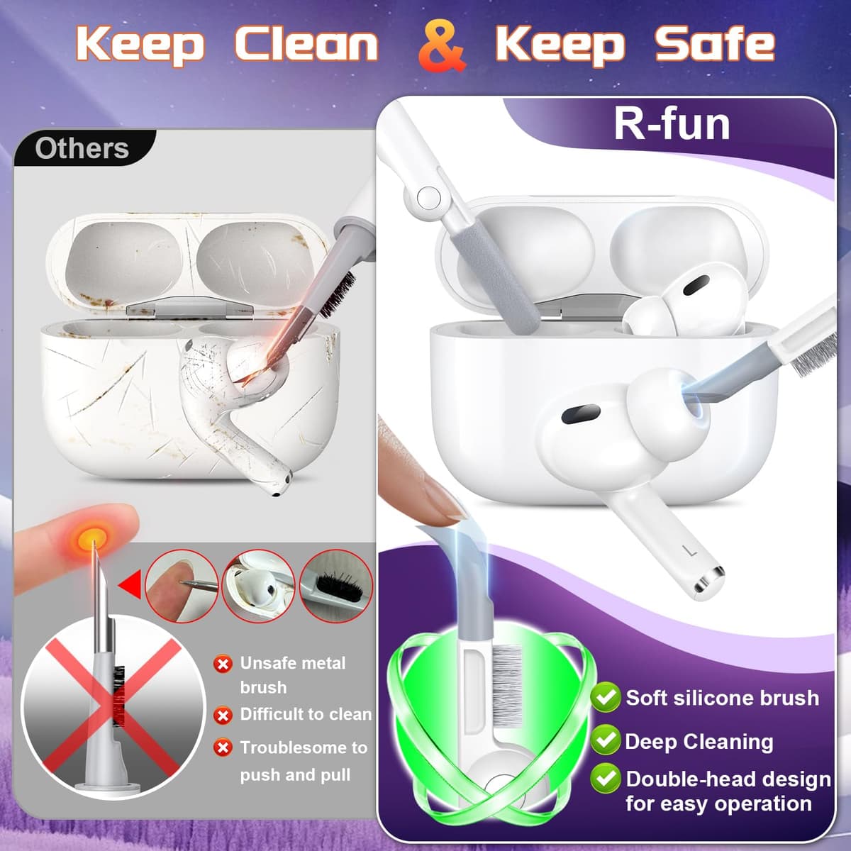 R-fun Compatible con AirPods Pro 2 Gen (Cubierta Auto emergente) con Kit de Limpieza, para Airpods Pro 2/1 Gen (2023/2022/2019), para Estuche Airpods Pro (USB-C/Lightning),Morado — view 3