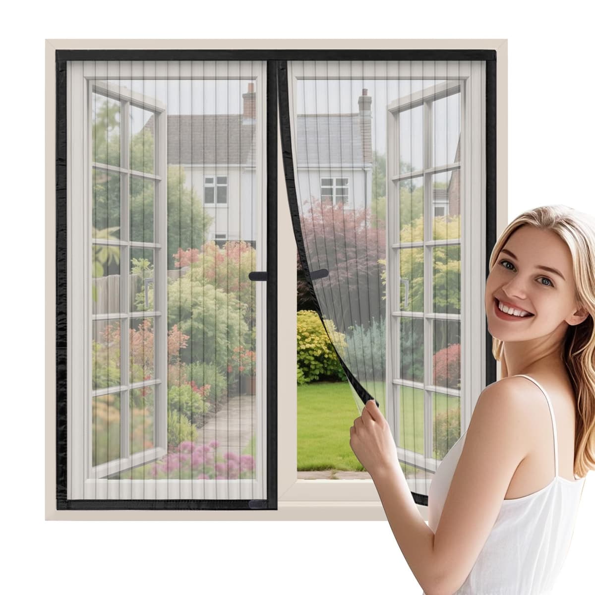 WENT Mosquitera magnética para ventanas, 90 x 120 cm, mosquitera magnética para puertas y ventanas, corredera, cierre automático, con cinta adhesiva, instalación rápida sin herramientas, color negro