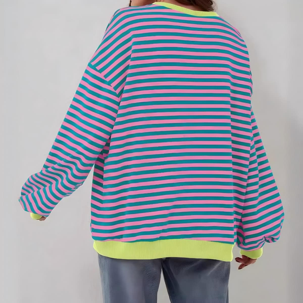 Sudadera de gran tamaño a rayas con cuello redondo para mujer, manga larga, casual, ajuste holgado, hombros caídos, uso diario — view 2