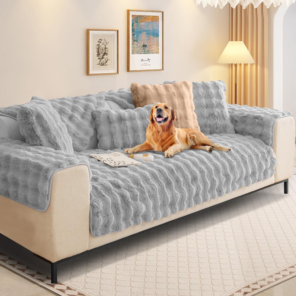 SHANNA Thick Rabbit Plush Sofa Cover 1 2 3 Seater, New Universal Non-Slip Corner Sofa Cover L Shape Super Soft Faux Fur Sofa Slipcovers for Living Room(Grey, 70 * 180cm Seater Cover) — view 19