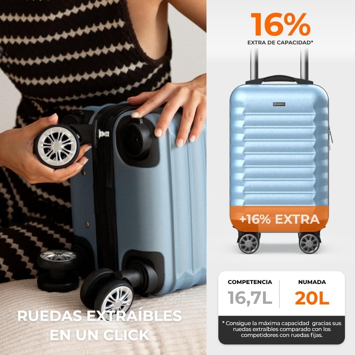 NUMADA- Maleta de Viaje Cabina 40x25x20cm (20L) Upfly Underseat 16 XXS con Ruedas Desmontables. Maleta Cabina ABS Ideal como Equipaje de Mano para Ryanair, Vueling o Easyjet Azul Claro — view 2