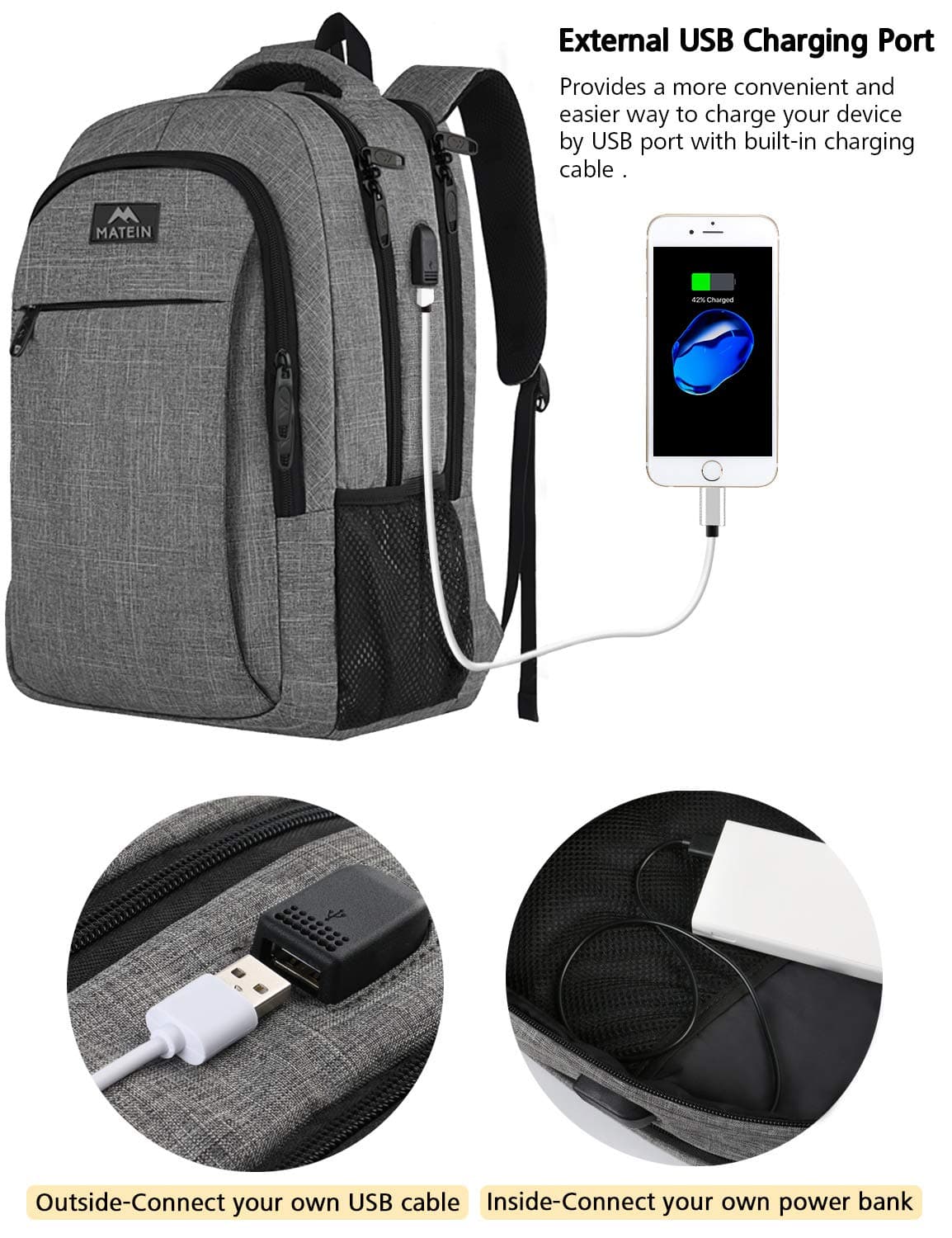 MATEIN Travel Laptop Backpack, Work Bag Lightweight Laptop Bag with USB Charging Port, Anti Theft Business Backpack, Water Resistant School Rucksack Gift for Men and Women, Fits 15.6 Inch, Grey — view 4
