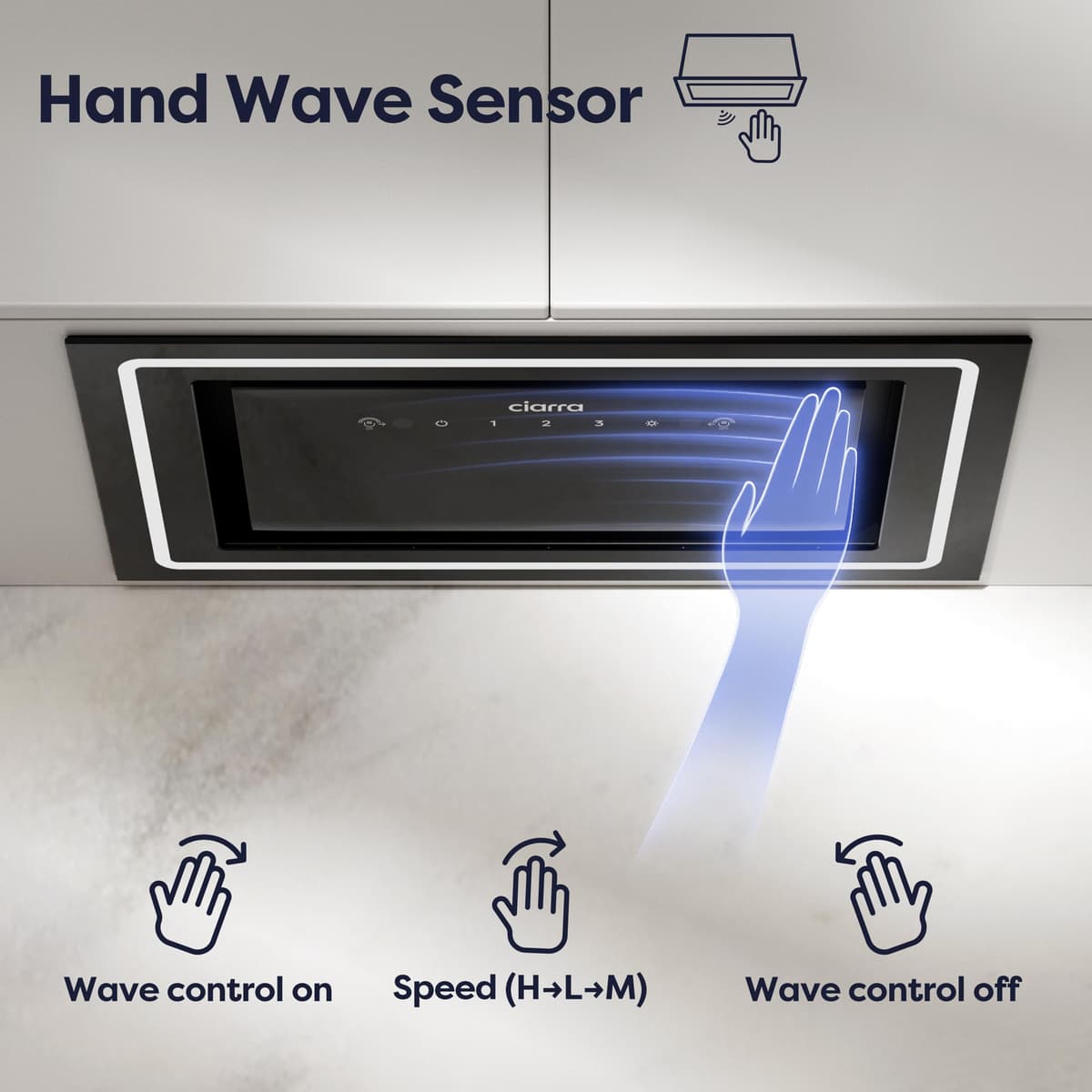 CIARRA 52cm Integrated Cooker Hood, Built-in Kitchen Extractor Fan with Wave Control, LED Light, Carbon Filter, Recirculation & Ducting Options, Slim Undercabinet Kitchen Hood - CBCB5931C — view 3