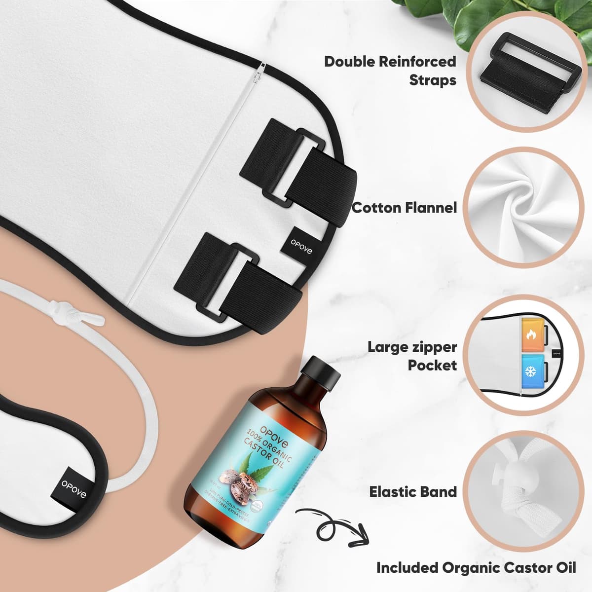 opove Castor Oil Organic, Pack Wrap. Wrap for Liver Detox Thyroid Stomach Kit Caster Packs Waist Neck Unisex- Less Mess, Reusable (Castor Included) White — view 4