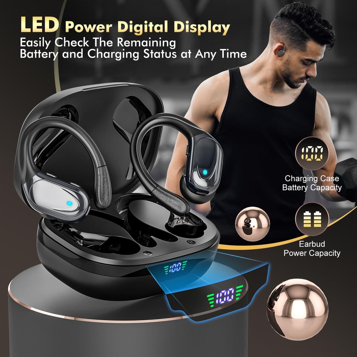 HAOYUYAN Wireless Earbuds, Sports Bluetooth Headphones, 80Hrs Playtime Ear Buds with LED Power Display, Noise Canceling Headset, IPX7 Waterproof Earphones for Workout/Running(Black) — view 7
